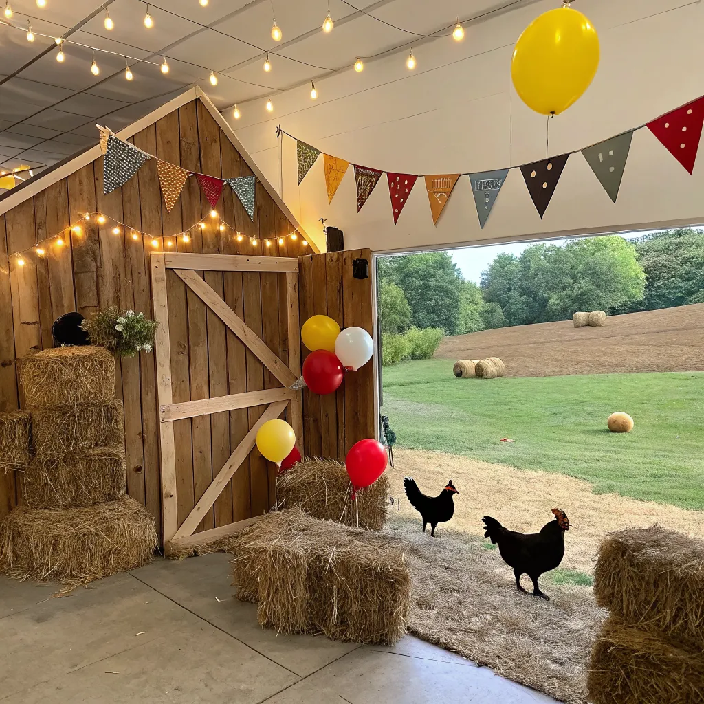 Chicken themed party venue with barn decorations and festive setup
